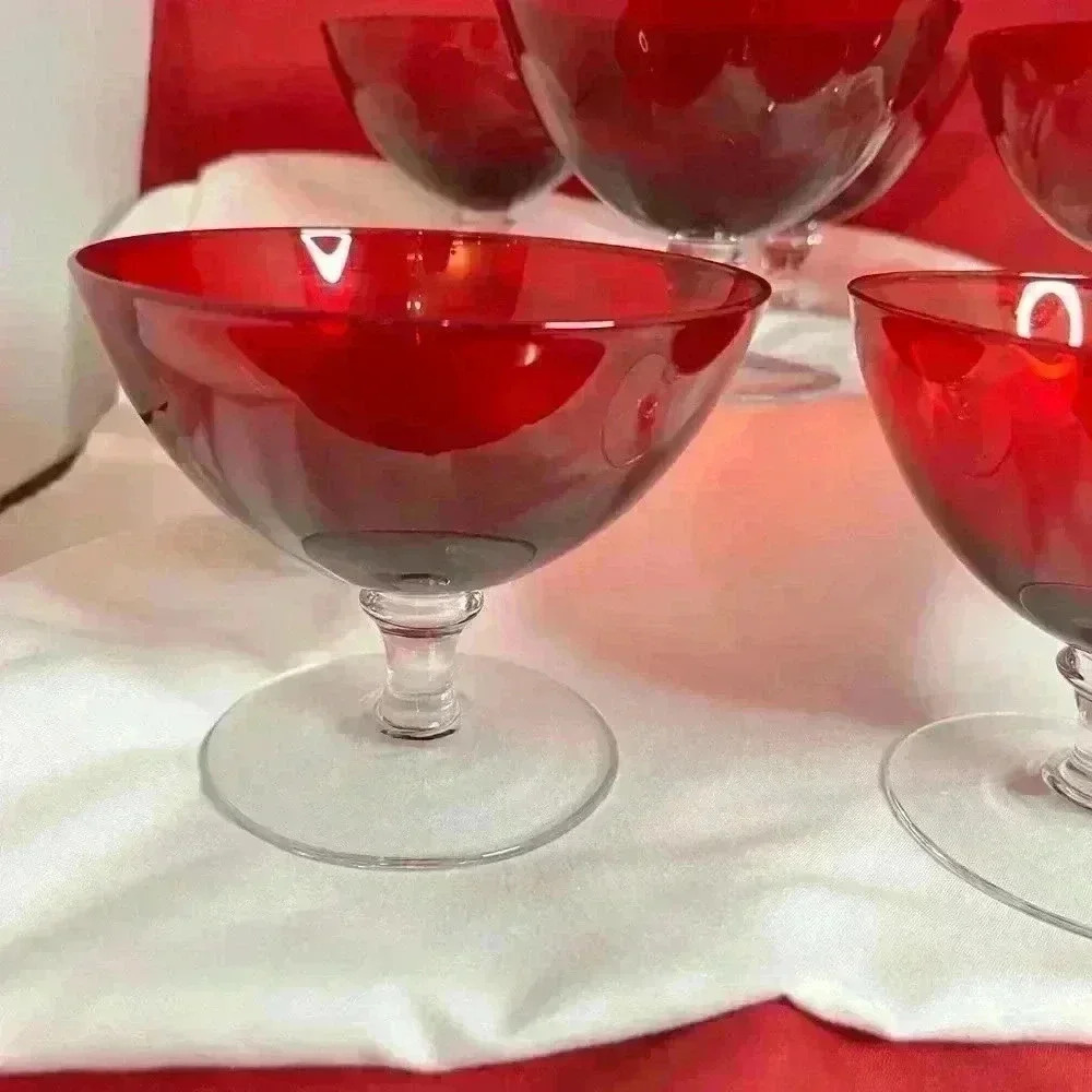 Vtg. 7- Cranberry Glass, footed Sherbet glasses/ wafer stems - Picture 7 of 7